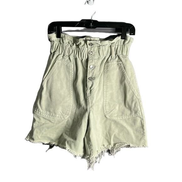 Zara Khaki High Waist Button Fly Shorts Raw Hem Size 4 - Picture 1 of 7